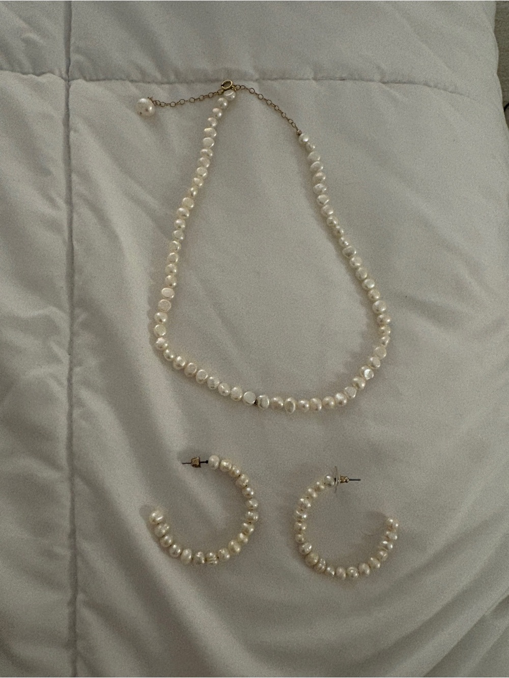 Classic White Pearl Necklace and Hoop Earrings Set